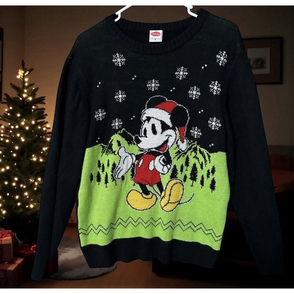 Disney Men's Santa Mickey Mouse Christmas Sweater Black and Green - Small New